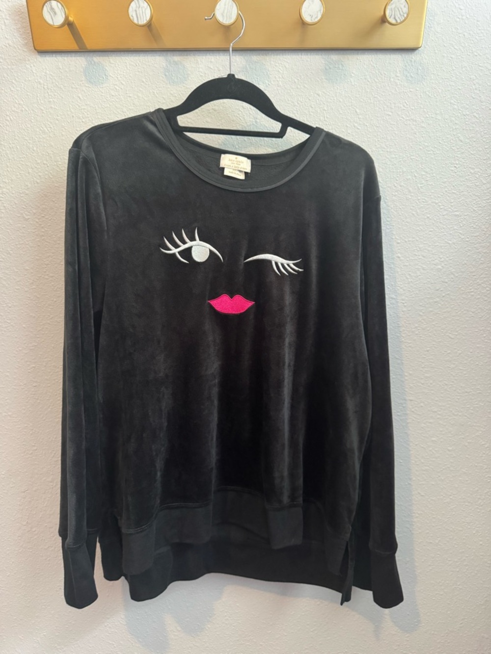 kate spade Black Velour Winking Face Sweatshirt Sz XL